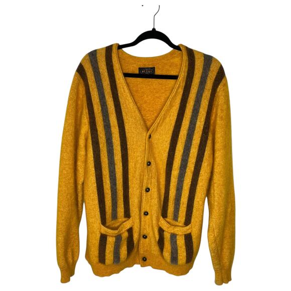 Beams Plus Sweater Size Large Cardigan Yellow Contrast Stripe Mohair Nylon Japan - Picture 2 of 13